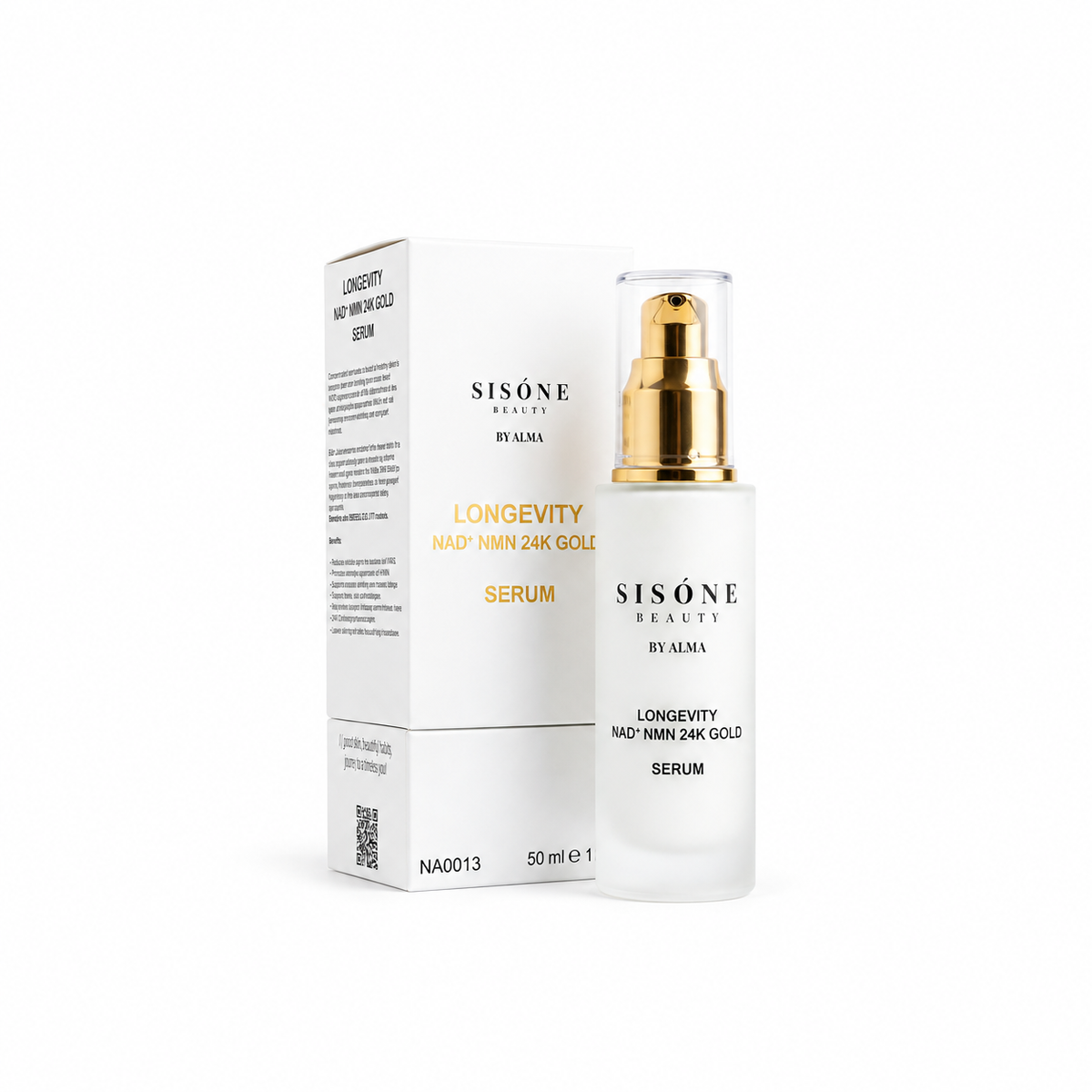 SISÓNE BEAUTY Longevity Serum with packaging – NAD⁺ NMN skincare serum with 24K Gold and hyaluronic acid