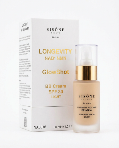 GlowShot BB Cream SPF 30 Light with packaging – SISÓNE BEAUTY longevity makeup with NAD⁺ and NMN