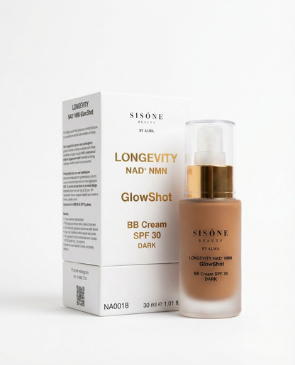 GlowShot BB Cream SPF 30 Dark with packaging – SISÓNE longevity makeup with NAD⁺ and NMN
